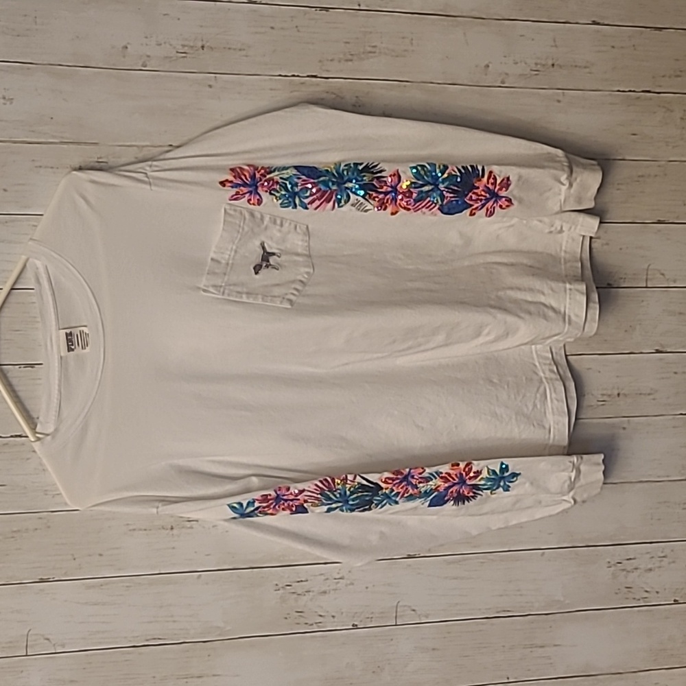 Pink Victoria's Secret Long Sleeve Tee white with sequined tropical print Size L